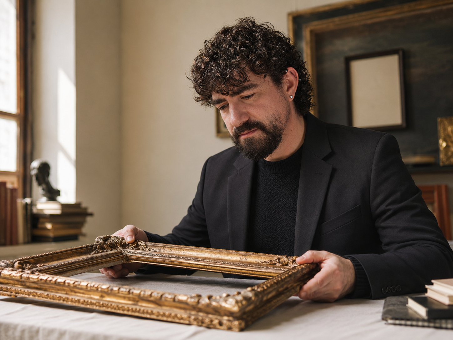 Jonathan Flike inspecting historical frame