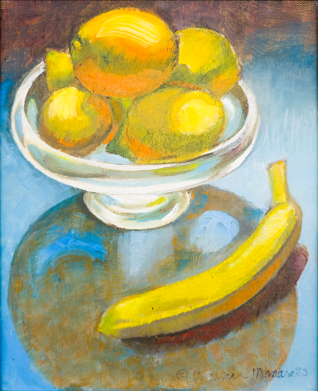Banana and Citrus Still Life on Turquoise Ground  - Maurine Manaro