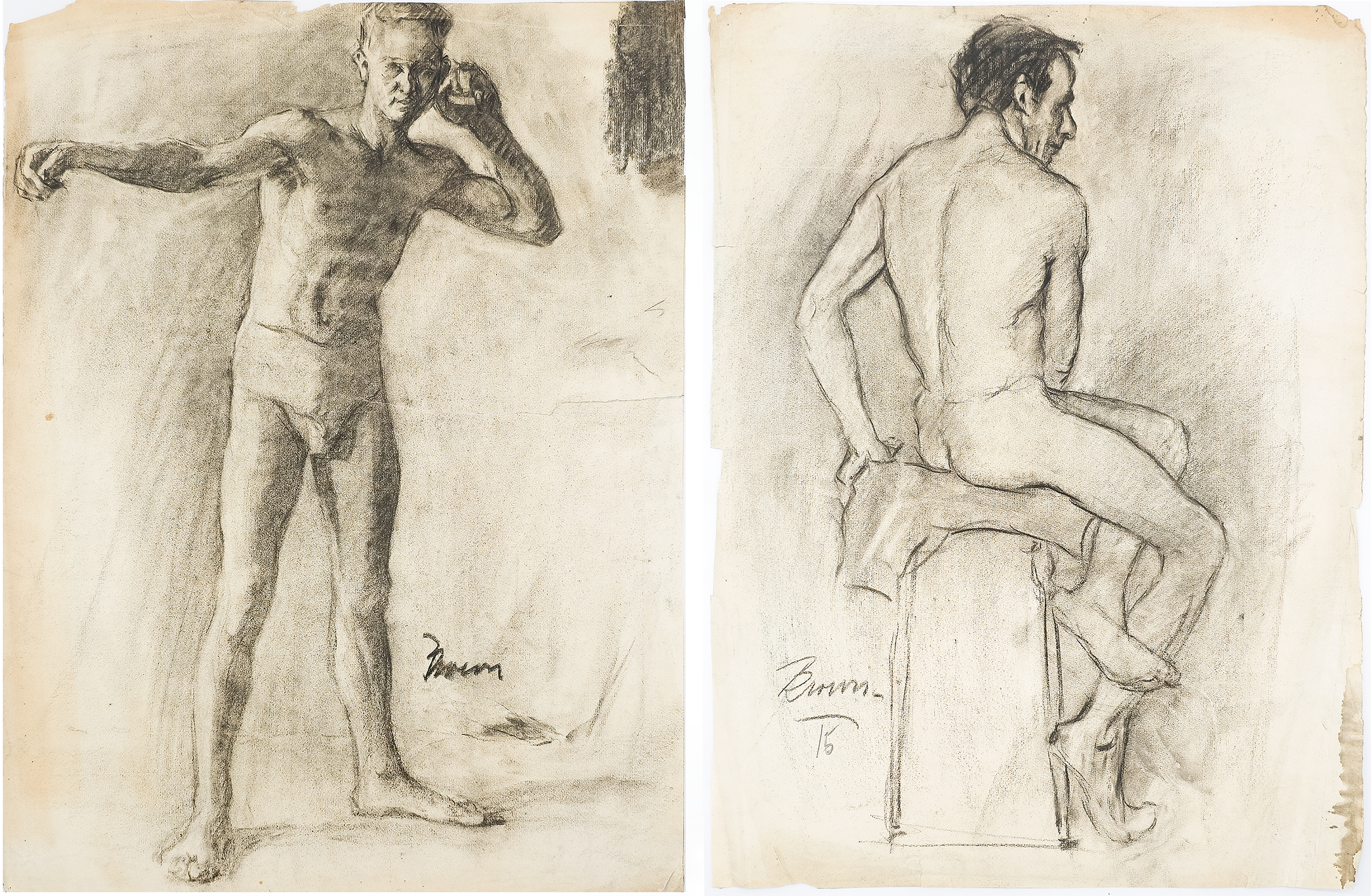 Academic Male Figure Study and Seated Male Nude - Brown 