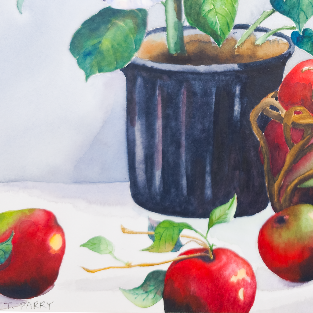 Still Life of Potted Flower and Basket of Apples - Tomoko Parry