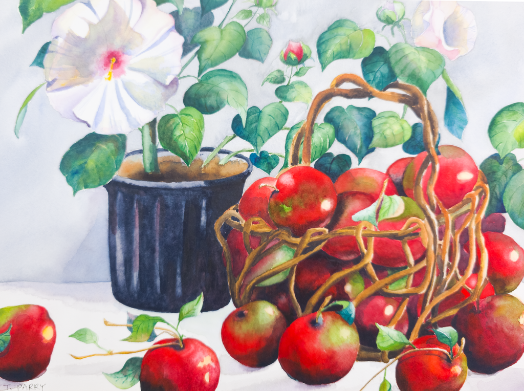 Still Life of Potted Flower and Basket of Apples - Tomoko Parry