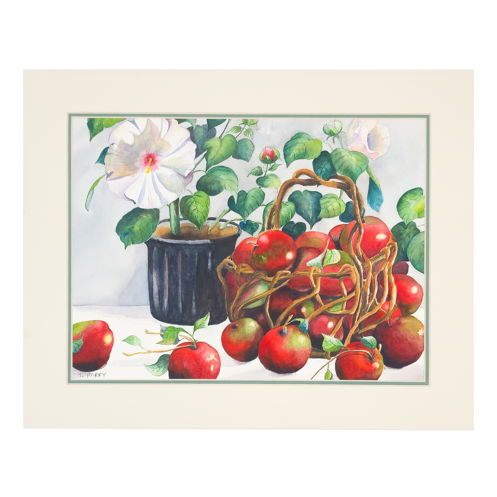 Still Life of Potted Flower and Basket of Apples - Tomoko Parry