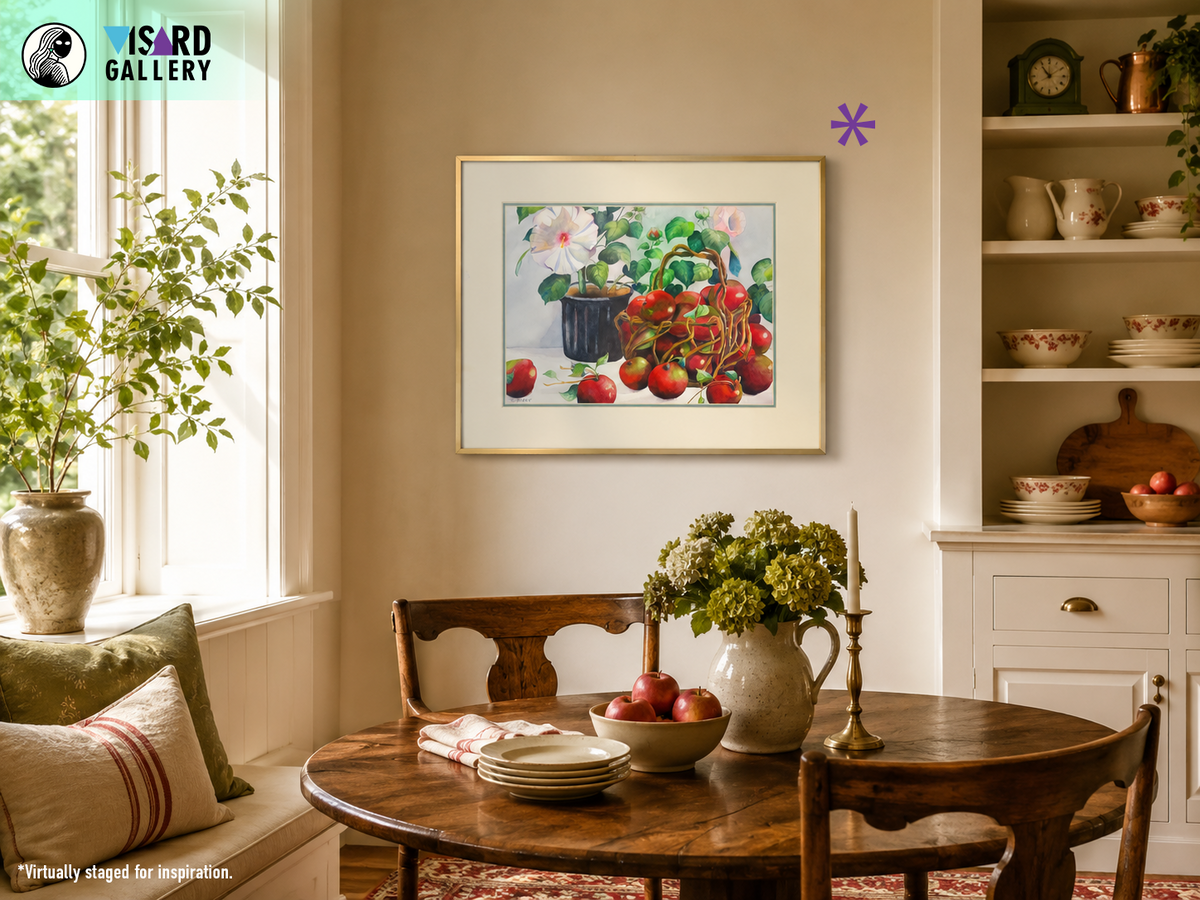 Still Life of Potted Flower and Basket of Apples - Tomoko Parry