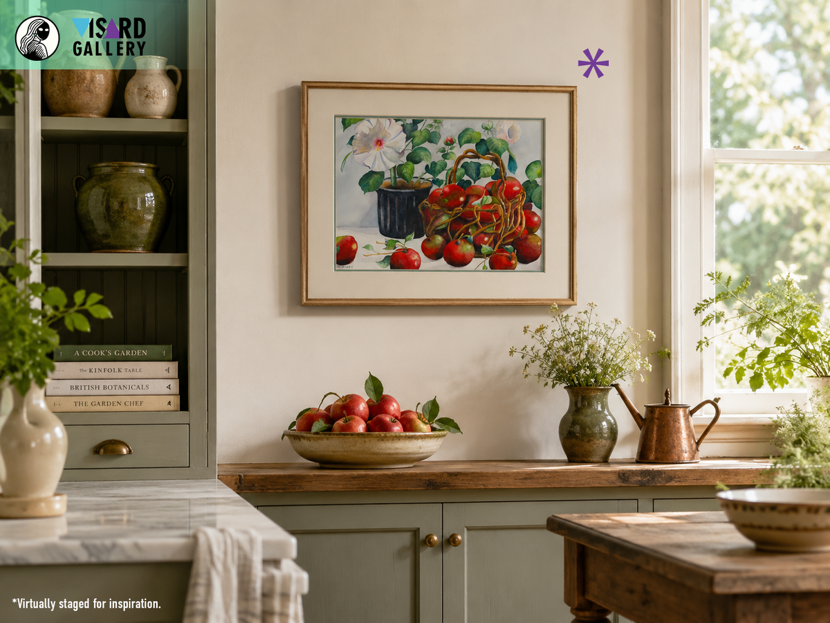 Still Life of Potted Flower and Basket of Apples - Tomoko Parry