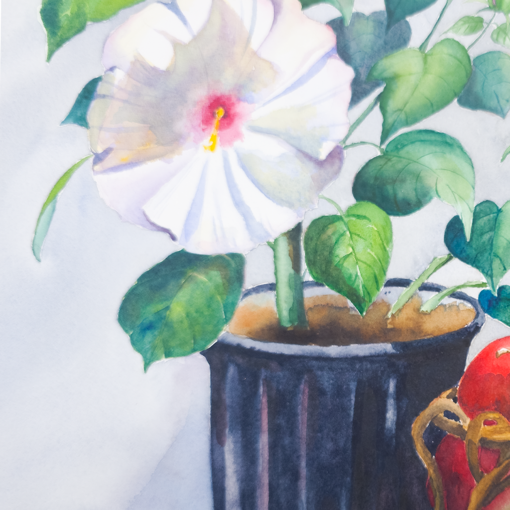Still Life of Potted Flower and Basket of Apples - Tomoko Parry