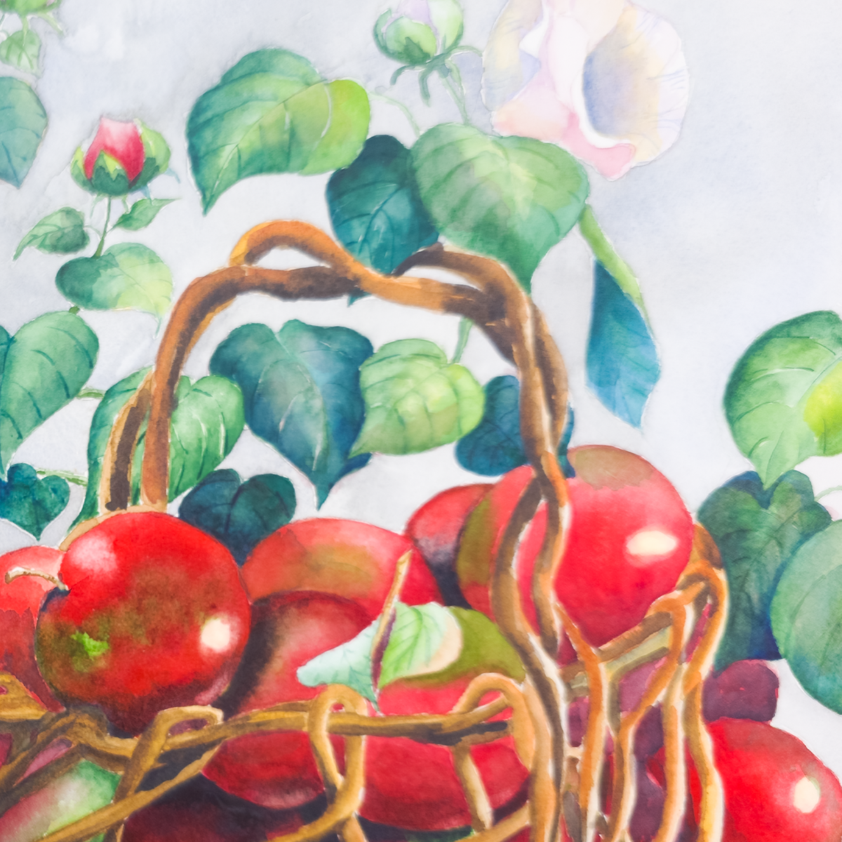 Still Life of Potted Flower and Basket of Apples - Tomoko Parry