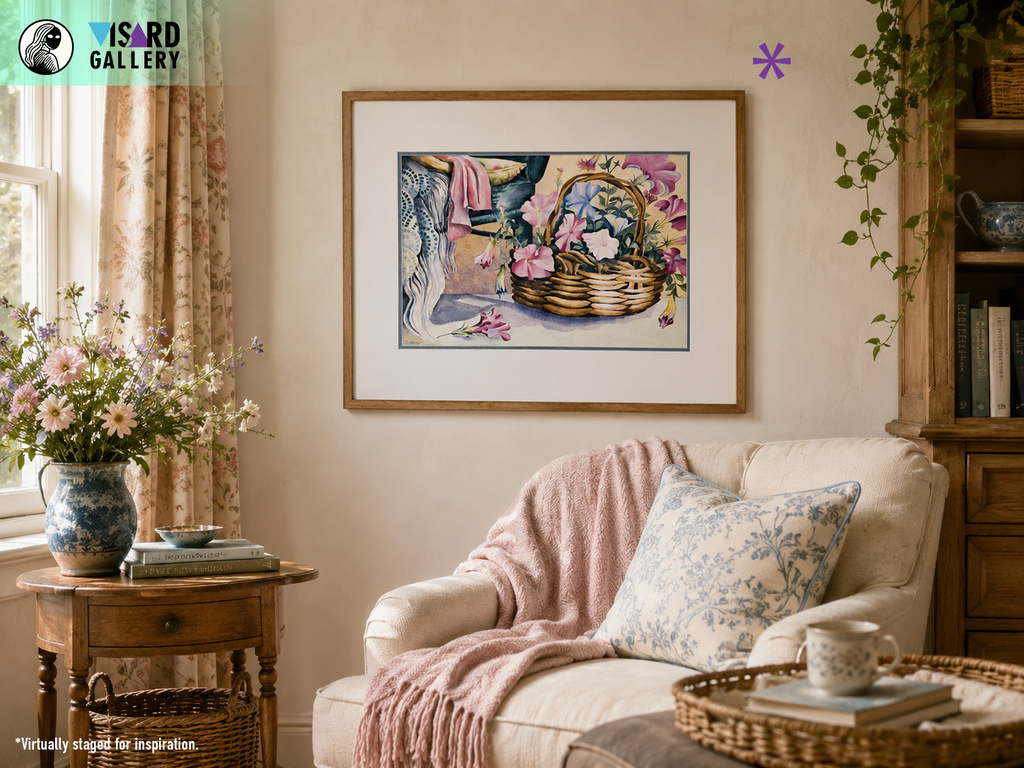 Still Life of Basket of Flowers and Arm Chair - Tomoko Parry