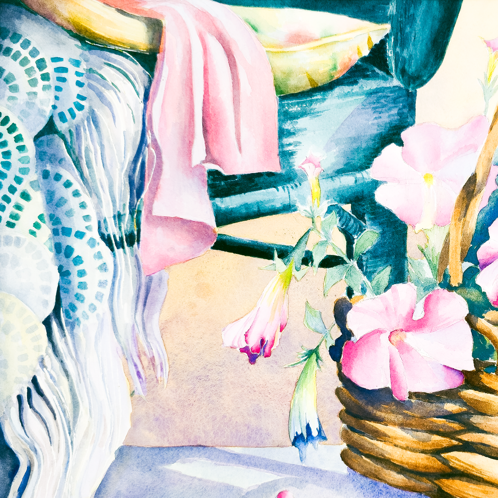 Still Life of Basket of Flowers and Arm Chair - Tomoko Parry